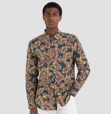 REPLAY Men's Shirt, Multicolor (Navy/Light Blue Stripe)