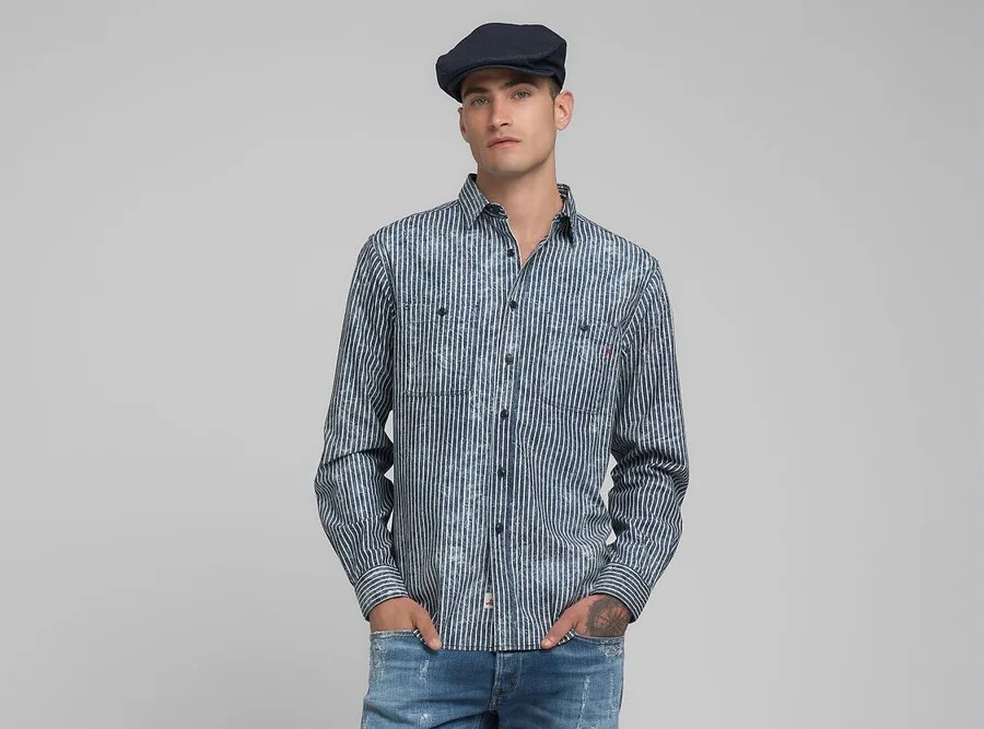 Camicia 6 OZ PRINTED INDIGO STRIPED COTTON 009 